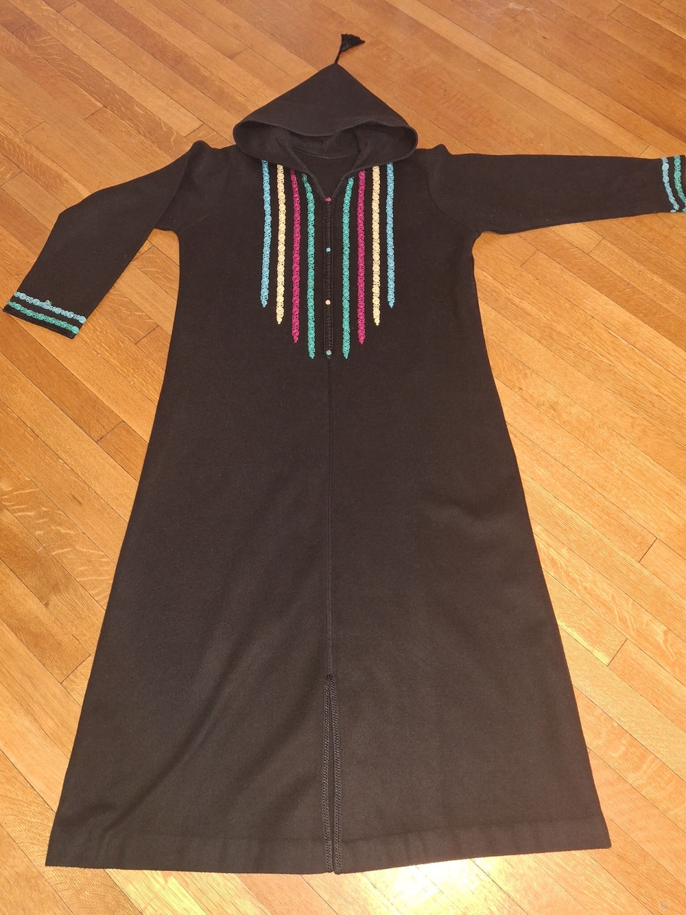 Black Hooded Casual Dress with Teal and Pink Accent Embroidery